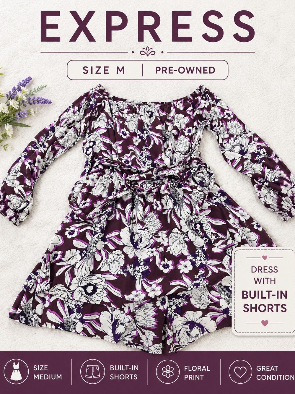 Express Girls' Purple and White Floral Off-Shoulder Dress with Tie Waist